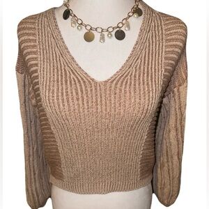 Free People Cropped Cotton V-Neck Sweater in Tan and Cream Heather